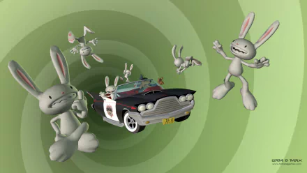 HD wallpaper featuring Max from Sam & Max Save the World with multiple iterations and a car on a green swirl background.