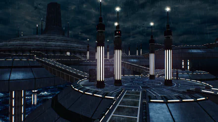 An HD desktop wallpaper featuring the waterlogged landscape of Kamino from Star Wars, showcasing its futuristic architecture and moody atmosphere in a video game setting.