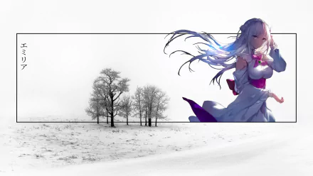 HD desktop wallpaper featuring Emilia from Re:Zero with long white hair and purple eyes, set against a snowy landscape with a cluster of bare trees.