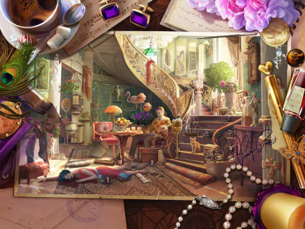 HD desktop wallpaper of June's Journey: Hidden Objects game featuring a detailed scene with characters, cluttered room, and vibrant items.