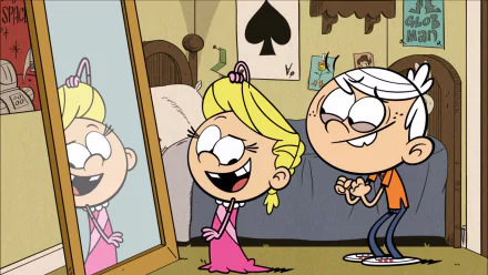 HD desktop wallpaper from The Loud House showing characters smiling and posing in front of a mirror.