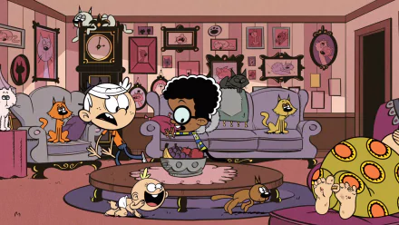 HD desktop wallpaper from The Loud House featuring animated characters in a chaotic living room scene.
