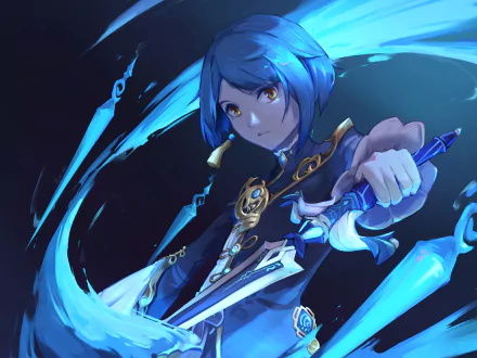 HD PC wallpaper of Xingqiu from Genshin Impact, featuring his blue hair and striking yellow eyes in a dynamic pose with water effects.