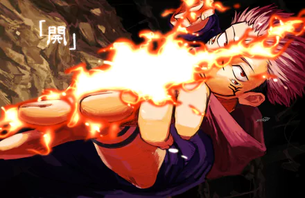 HD PC desktop wallpaper featuring Yuji Itadori unleashing a fiery attack, with Sukuna's presence, from the anime Jujutsu Kaisen.