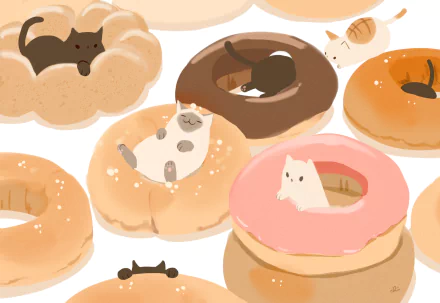 Anime-style cats lounging inside colorful doughnuts, forming a playful and charming HD PC desktop wallpaper background.