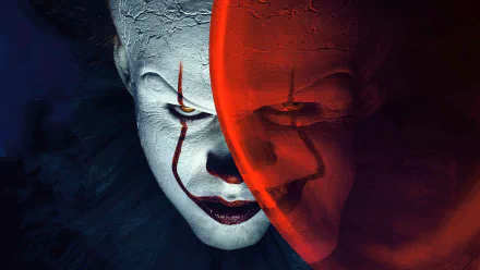 HD wallpaper featuring Bill Skarsgård as Pennywise from the movie It (2017), showcasing a dramatic close-up of the clown's face with a red-tinted reflection.