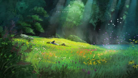 Anime HD wallpaper featuring a serene nature scene with a lush field, vibrant flowers, and rays of sunlight filtering through trees. A figure lays peacefully in the grass, adding a tranquil feel.