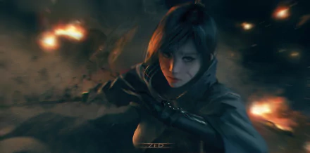 HD fantasy wallpaper featuring a focused woman warrior in dark armor, set against a fiery, smoky battlefield background.