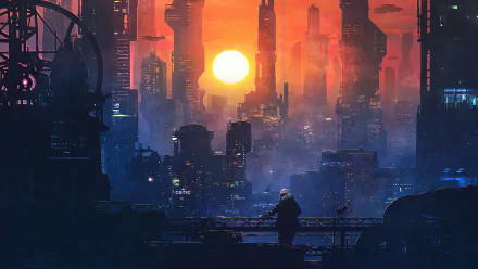 A stunning HD desktop wallpaper of a futuristic sci-fi cityscape at sunset, showcasing tall skyscrapers and vibrant colors.