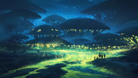 A glowing fantasy town nestled in a mysterious forest under a night sky, rendered in vivid 4K Ultra HD detail for a captivating PC desktop background.