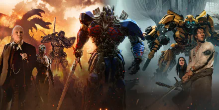 HD wallpaper featuring key characters from Transformers: The Last Knight, including Optimus Prime, Bumblebee, and Megatron with actors like Mark Wahlberg and Anthony Hopkins.