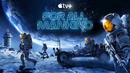 4K Ultra HD PC desktop wallpaper for the TV show For All Mankind: gold-visored astronauts and a lunar rover on a blue-lit Moon with Earth rising in the background.
