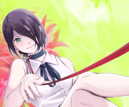 HD PC desktop wallpaper featuring Reze from the anime Chainsaw Man, showcasing her with a confident smile against a bright, colorful background.