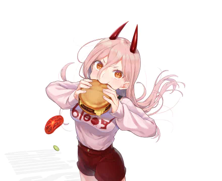 HD desktop wallpaper featuring Power from Chainsaw Man anime, depicted with pink hair and horns, eagerly eating a burger.