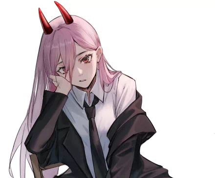 HD PC desktop wallpaper featuring Power from the anime Chainsaw Man, showcasing her with pink hair, red horns, and a confident expression.