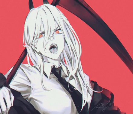 HD desktop wallpaper of Power from Chainsaw Man anime, featuring a stylized black and white illustration on a red background.