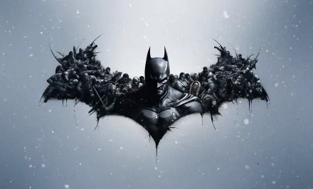8K Ultra HD wallpaper featuring Batman from the video game Batman: Arkham Origins with dark, snowy atmosphere and intense character details.