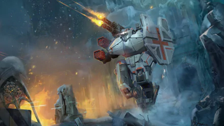 An intense scene from the video game War Robots, featuring a powerful mech firing its weapons amidst an icy landscape and erupting flames in a high-definition desktop wallpaper.