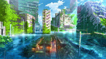 A vibrant sci-fi cityscape depicting an underwater post-apocalyptic ruin with overgrown buildings, blending futuristic elements and nature in stunning HD detail.