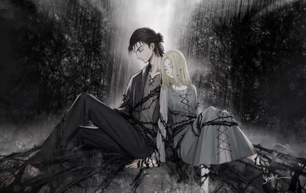 HD desktop wallpaper featuring Eren Yeager and Historia Reiss from the anime Attack on Titan, sitting together in a dark, mysterious forest setting.