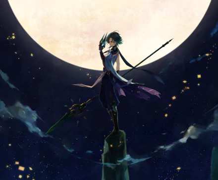 HD desktop wallpaper of Xiao from Genshin Impact, poised with a spear under a moonlit sky, surrounded by floating lanterns.