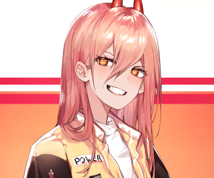 HD anime desktop wallpaper featuring Power from Chainsaw Man with a confident smirk against a red and white striped background.