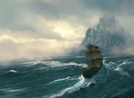 A HD fantasy wallpaper showing a ship battling stormy seas near a mysterious island, enveloped in mist and dramatic waves.