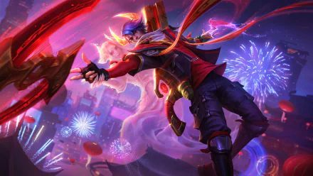 Aphelios from League of Legends is depicted in a dynamic pose with vibrant fireworks in the background in this 8K Ultra HD PC desktop wallpaper.