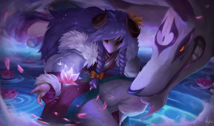 HD PC desktop wallpaper of Kindred (League of Legends) — the lamb spirit and spectral wolf in a moonlit lotus pool; video game League of Legends artwork.