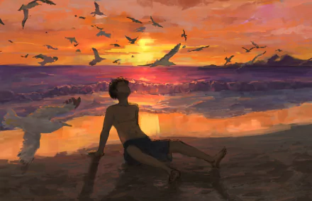 Anime-style HD desktop wallpaper of a boy sitting on a beach at sunset, surrounded by flying birds over the sea in a vibrant, colorful landscape.