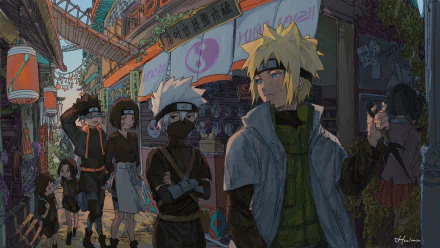 HD PC desktop wallpaper featuring anime characters Kakashi Hatake and Naruto Uzumaki in a vibrant Naruto-themed street scene.
