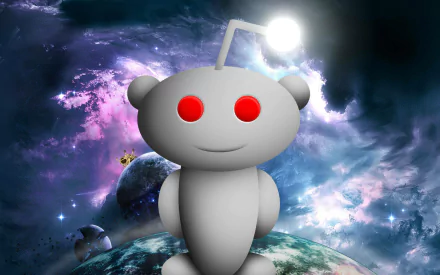 HD desktop wallpaper featuring a Reddit mascot against a cosmic space background.