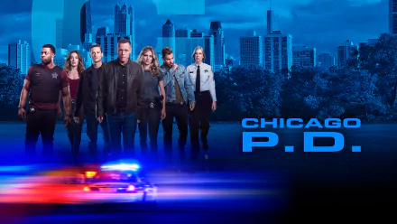 HD Chicago P.D. wallpaper featuring Hank Voight and team with Chicago skyline backdrop and police car lights.