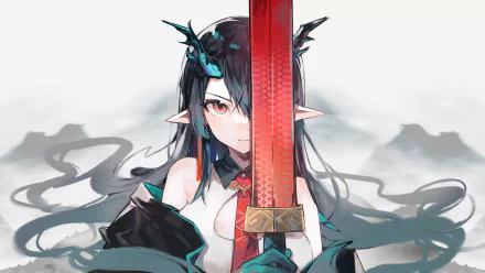 HD desktop wallpaper of Dusk from Arknights featuring a character with red eyes, long black hair, pointed ears, and horns holding a sword.