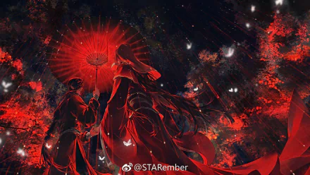 HD wallpaper featuring Xie Lian and San Lang (Hua Cheng) from Heaven Official's Blessing (Tian Guan Ci Fu) in a mystical, red-hued forest scene with glowing butterflies.