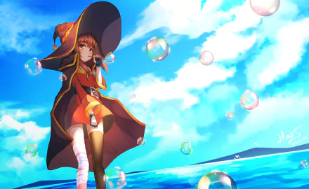 Anime HD desktop wallpaper featuring Megumin from KonoSuba, wearing a cloak and brown hair, with bubbles floating around her against a bright blue sky background.