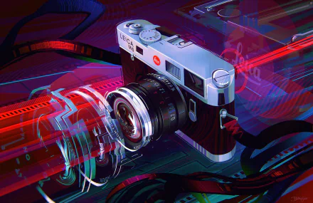 HD PC desktop wallpaper featuring a man-made Leica camera with vibrant neon and glitch art effects, blending technology and classic photography elements.