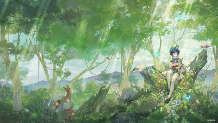 HD desktop wallpaper featuring Venti from the video game Genshin Impact, set in a vibrant and lush forest background.