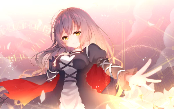 Byakuren Hijiri (Touhou) in flowing robes and warm light, reaching out amid sparkles — 5K Ultra HD anime PC desktop wallpaper/background.