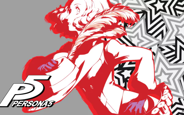 Stylized red-and-white illustration of Haru Okumura in a dynamic pose over a gray field with black-and-white star pattern and Persona 5 logo — 2K Quad HD PC desktop wallpaper/background.