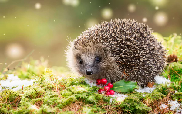 A close-up of a hedgehog on moss with red berries, captured in 4K Ultra HD, creating a vivid and detailed PC desktop wallpaper background.