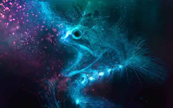 Abstract 3D HD desktop wallpaper and background featuring a glowing, ethereal fish surrounded by vibrant colors and particles in a dark setting.