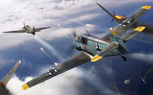 2K Quad HD desktop wallpaper: dramatic military aerial dogfight with Hawker Hurricanes and Messerschmitt Bf 109 warplanes against a cloudy sky, tracers and engine flames.