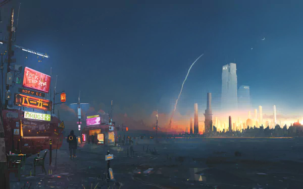Futuristic cityscape at dusk with a rocket launching into the sky, featuring glowing skyscrapers and vibrant neon signs in a sci-fi HD desktop wallpaper.