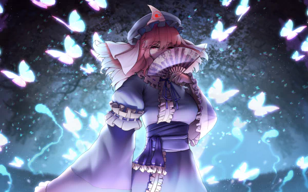 4K Ultra HD anime desktop wallpaper featuring Yuyuko Saigyouji from Touhou, surrounded by glowing blue butterflies in a mystical night setting.