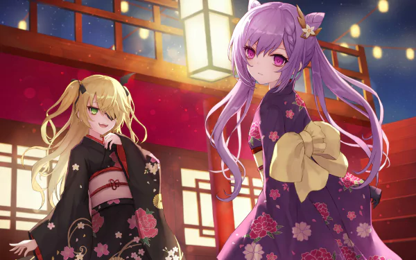 A vibrant 4K Ultra HD wallpaper featuring Keqing and Fischl from Genshin Impact, both adorned in colorful kimonos, with striking hair colors and enchanting eyes against a festive backdrop.