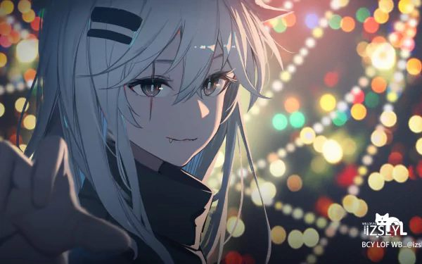 HD desktop wallpaper featuring Lappland from the video game Arknights, with vibrant bokeh lights creating a colorful and atmospheric background.