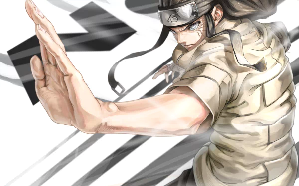 Neji Hyūga from Naruto in a dynamic palm-strike pose, anime-style 2K Quad HD PC desktop wallpaper/background with flowing headband, white clothing and bold motion lines.