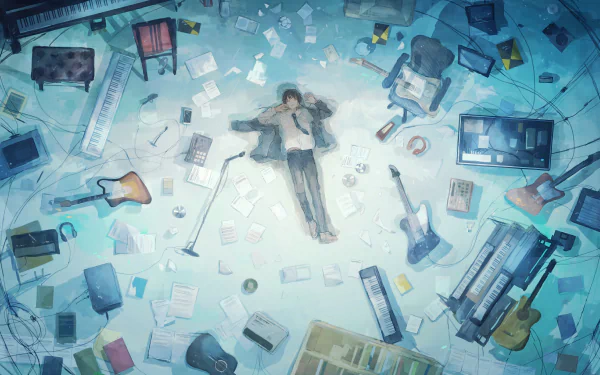 HD anime desktop wallpaper featuring a boy surrounded by various musical instruments and scattered sheets, creating a serene and artistic atmosphere.