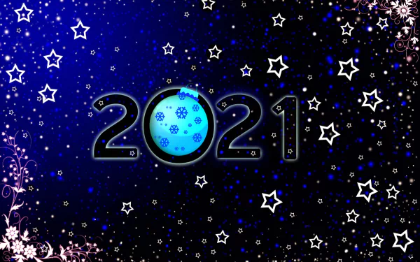 Holiday New Year 2021 HD PC desktop wallpaper: deep blue starry background with glowing 2021, the zero a blue ornamental globe, and scattered white stars and sparkles.
